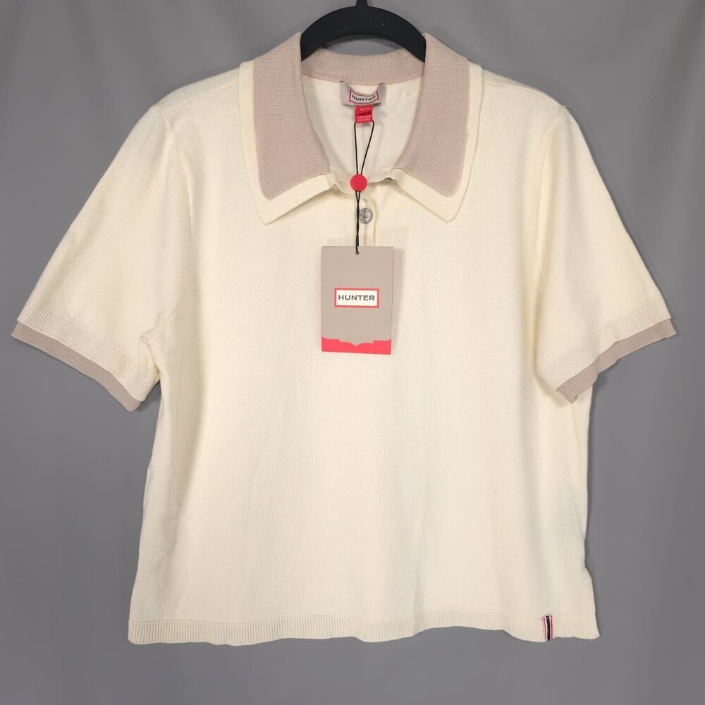 HUNTER Womens New Knit Polo Shirt Short Sleeve Ivory MEDIUM Casual HWKTS26016